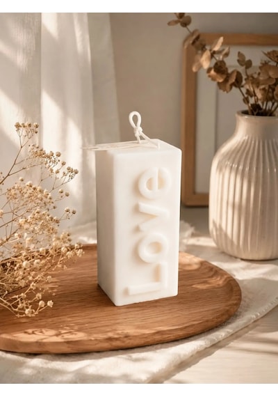 Mumelia Love Yazılı - Doğal Soya Blok Dekoratif Mum - Beyaz
