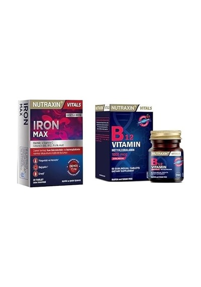 Iron Max 17 Mg 30 Tablet - Demir, C Vitamini, B6 Vitamini, Folik Asit, B12 Ve Nutraxin B12 Vitamin 1000 Mcg 60 Tablet Ta