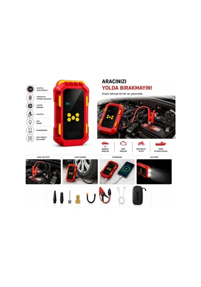 Algaride Hkt1430 Şarjlı Akü Takviyeli Hava Pompası 8000mah Powerbank Destekli 4'ü 1 Arada Hava Pompası
