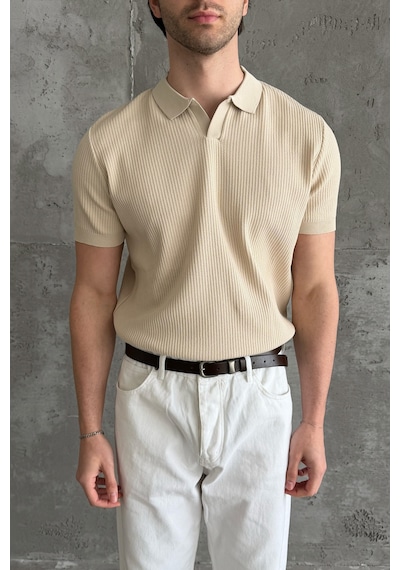 Erkek Petek Desen Polo Yaka Triko T-shirt Bej
