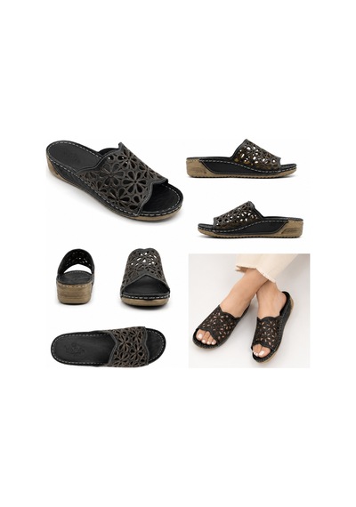 N Napa Shoe Np.226l.siyah Deri Napa Shoe Kadın Ortopedik Çiçek Desenli Günlük Terlik Siyah