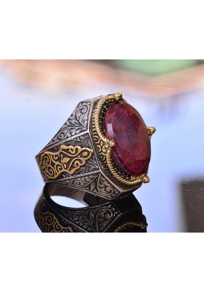 El Yapımı Vintage Tasarım Zümrüt Yüzük - 925 Ayar Gümüş Erkek Yüzük Altın Aksesuarlarla Yakut Gümüş