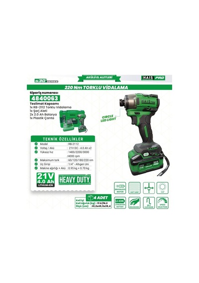 Akülü Vid. Darbeli 21v 2.0 Ah S30 Rb-2112 Haispro