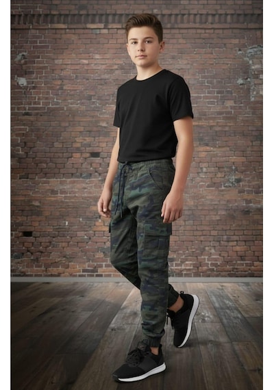 Black Steel Garson Boy Erkek Kamuflaj Desen Pantolon Koyu Yeşil