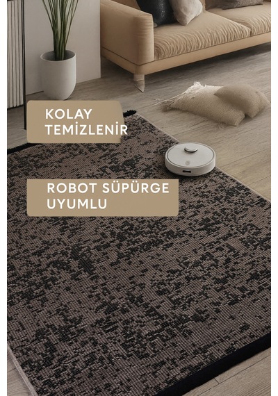 Badelya Home Bej Şönil Makinada Yıkanabilir Kaymaz Taban Saçaklı Pamuklu Halı Kilim Oturma Odası Salon