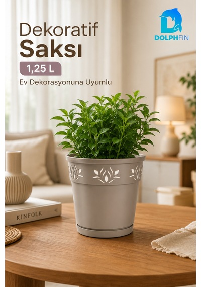 1,25 L Dekoratif Alt Tabaklı Plastik Saksı Çiçek Motifli Karışık Renk