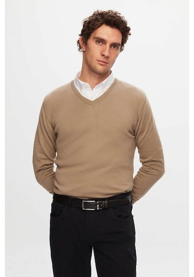 D'S Damat Ds Damat Slim Fit Bej Pamuk Karışımlı 2'Li V Yaka Triko Ve Gömlek 1HC0206VBN01 Bej