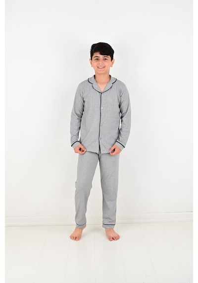 Vitmo Erkek Çocuk Uzun Kollu Pamuklu Düğmeli Pijama Takımı Mini Kare Gri