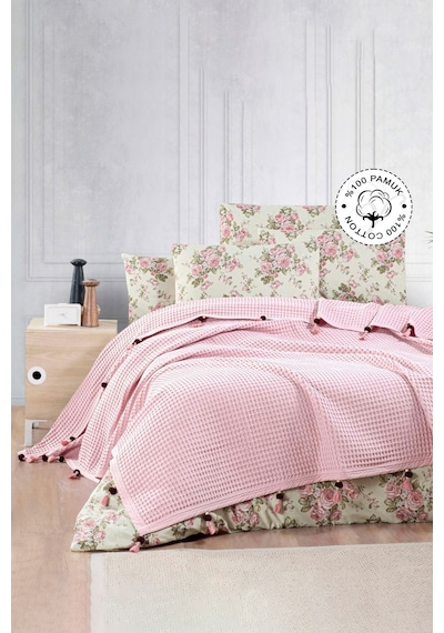 Vionel Home Pamuklu Waffle Desen Ponponlu Çift Kişilik Pike Pembe