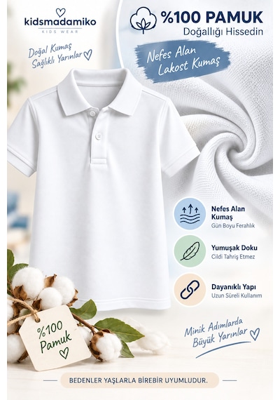 Kidsmadamiko Erkek Çocuk Kısa Kollu Okul Polo Yaka T-shirt 5-17 Yaş Bedenler Yaşlarla BEYAZ
