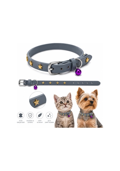 Gerçek Deri Kedi Ve Küçük Irk Köpek Tasması Yıldız Detaylı Zilli - Gri