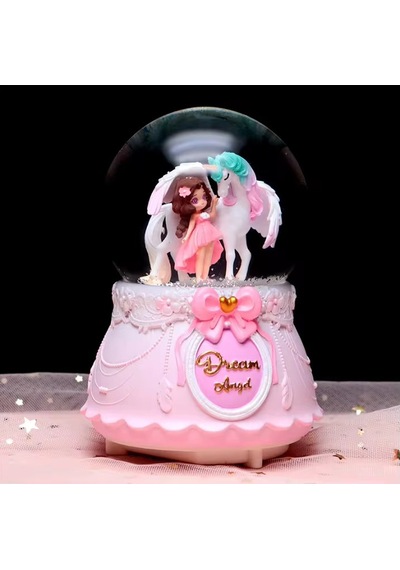 Pembe Unicorn Ve Sevimli Kız Temalı Büçük Boy Püskürtmeli Müzikli Işıklı Kar Küresi
