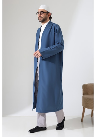 Erkek Namaz Elbisesi Buhara Yaka Cepli Namaz Cübbesi Mavi- Sfa Mavi