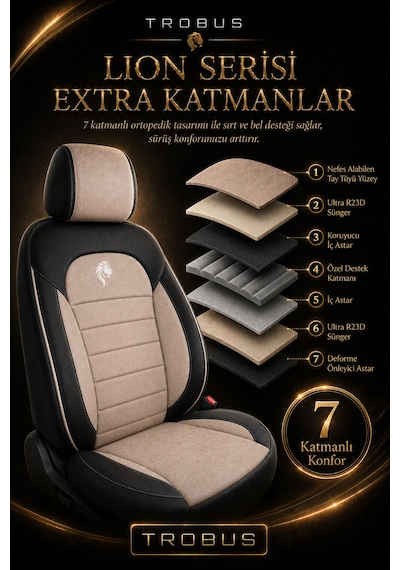 Toyota Aygo 2005-2021 Uyumlu Lion Serisi Bej Siyah Bej Oto Koltuk Kılıfı