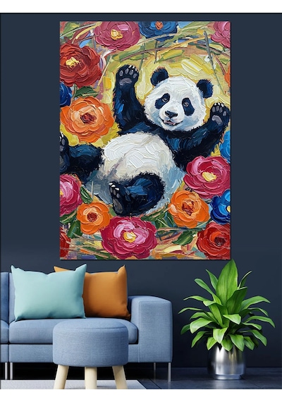 Çiçekler İçinde Sevimli Panda Dekoratif Kanvas - Mdf Ahşap Tablo
