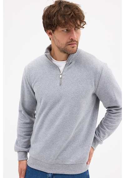 Mmetalic Erkek Gri Standart Fit Normal Kesim Pamuklu Yarım Fermuarlı Dik Yaka Pamuklu Sweatshirt Gri