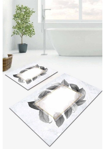 Gri Yaprak Temalı Banyo Halısı Klozet 2'li Paspas Seti Bs050n11
