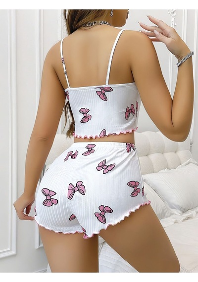 Terrien Premium Baskılı Model Ev Giysisi Doğum Günü Hediyesi Desenli Şortlu Pijama Takımı Beyaz - Pembe