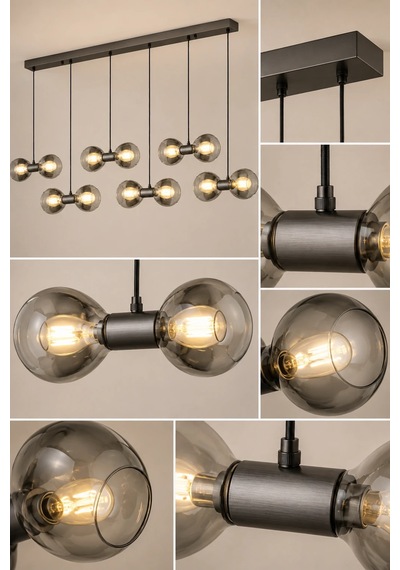 Eskitme Premium Led Füme Cam Sarkıt Avize Yemek Masası Salon Avizesi 12x20w