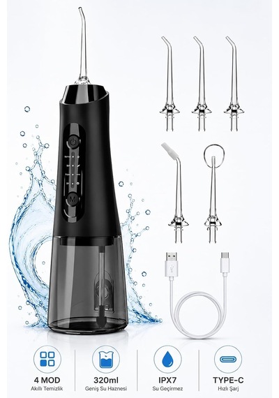 Auhma Amf11 Şarjlı Ağız Duşu 320ml Su Hazneli 4 Modlu Ipx7 Su Geçirmez Type-c Hızlı Şarjlı 5 Başlıklı Profe