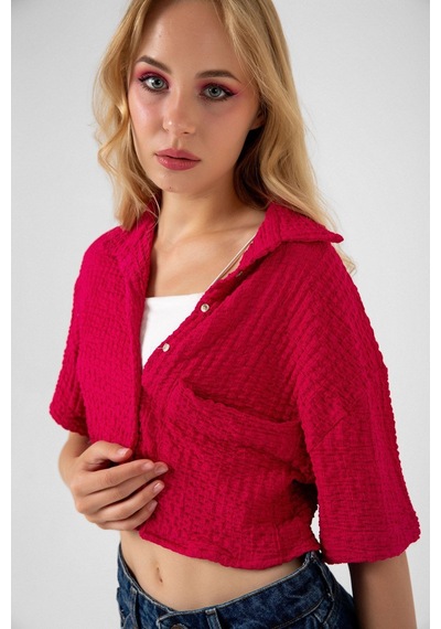 Bbbutikbasic Bürümcük Cepli Crop Gömlek Fuşya