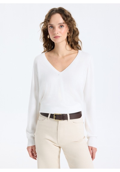 Limon Beyaz Kadın V Yaka Slim Fit Kazak Ml5wl-kzk9009 Ekru