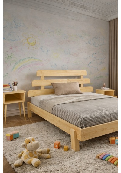 Lotus X New Masif Ahşap Karyola Ve 2 Adet Komodin Vernik 90x190
