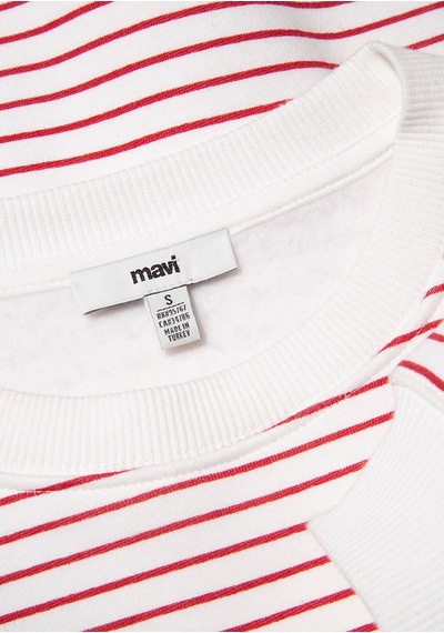 Mavi - Mavi Logo Baskılı Kırmızı Çizgili Sweatshirt 1s10100-86680 Kırmızı