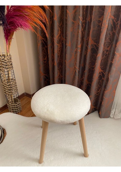 Ahşap Ayak Dekoratif Peluş Puf Tabure Beyaz