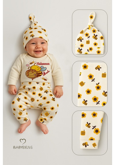 Babyden's Halasının Balı 3 Lü Yenidoğan Takım %100 Pamuk Uzun Kol Body,çiçek Arı Desenli Pantolon,bere Ekru