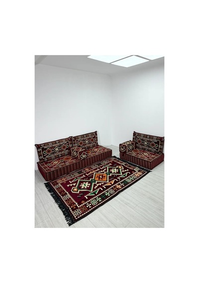 20 Cm Kalınlıklı Şark Köşesi Takımı - 70x190 + 70x95 Anadolu Bordo Desenli Minder Seti