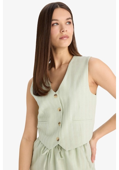 DeFacto Regular Fit V Yaka Keten Karışımlı Blazer Yelek D3474AX25SPGN1181 Yeşil