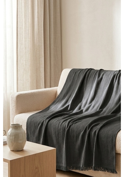 İskandinav Dokulu Pamuklu Saçaklı Koltuk Örtüsü Ve Koltuk Şalı Kaymaz Terletmez 170x200 Cm Gri