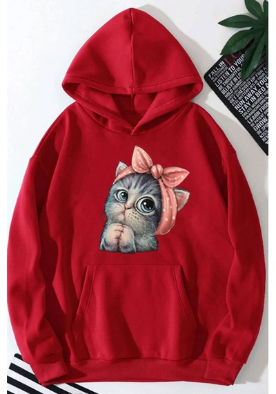 Medinenur Sevimli Kedi Baskılı Kadın Kapüşonlu Sweatshirt Kırmızı