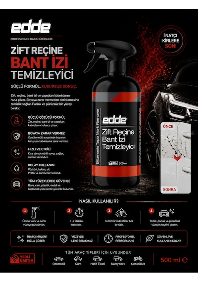 Edde Araba Araç Oto Zift Reçine Böcek Bant İzi Sökücü Temizleyici Temizleme Sprey 500 Ml Oto Detailing