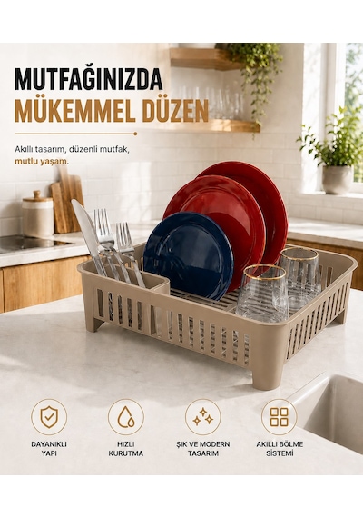 Sas Haus Bulaşıklık Tezgah Üstü Tabak Bardak Kurutmalık Plastik Bulaşık Sepeti 33x41 Cm Bej S-10567