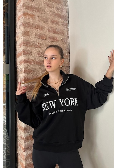 Madmext Siyah Yarım Fermuarlı Baskılı Sweatshirt Mg2240 Siyah