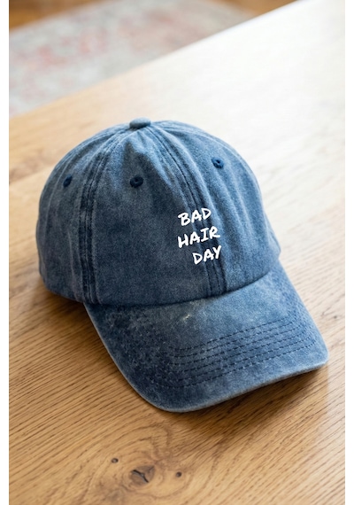 Emybox Bad Hair Day Yazılı Yıkamalı Unisex Şapka - Eskitme Metal Tokalı Ayarlanabilir Baskılı Beyzbol Şapka Lacivert