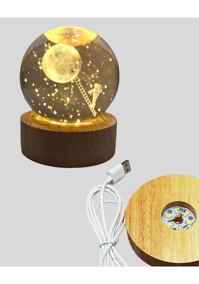 3d Astronot Kristal Küre Gece Lambası Usb Ahşap Standlı Dekoratif Işık