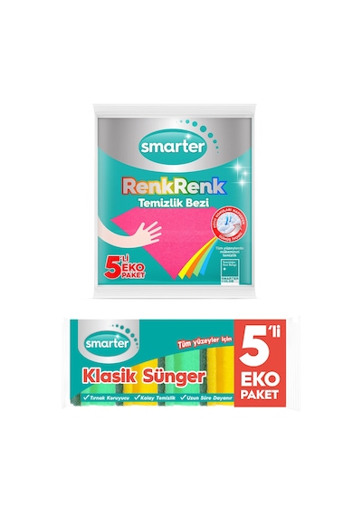 Smarter Klasik Bulaşık Süngeri 5 li + Renk Renk Temizlik Bezi 5 li