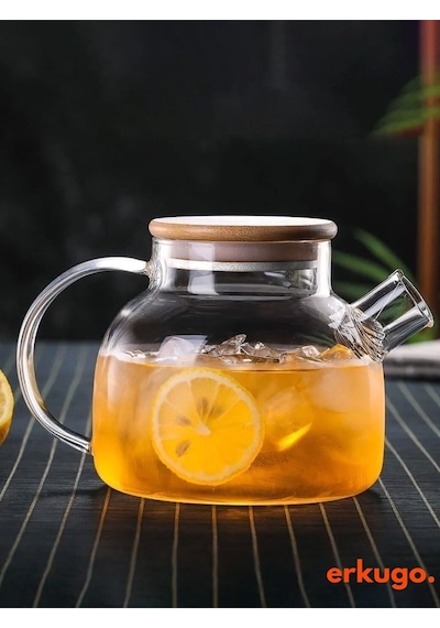 Vakumlu Bambu - Metal Kapaklı Isıya Dayanıklı Borosilikat Cam Demlik, Süzgeçli 1000 Ml Teapot Cam