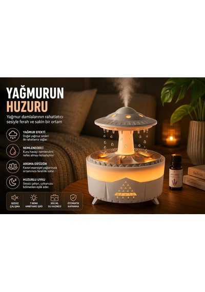 Ufo Yağmur Efektli Hava Nemlendirici Ultrasonik Buhar, Sessiz Çalışma, 7 Renk Led Işık, Zaman Ayarlı 2h/4h/8