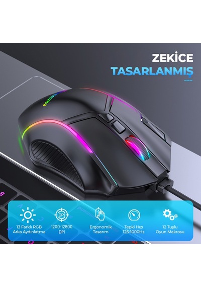 Mkespn X15 Gaming Mouse 12800 Dpı 12 Tuş Makro 1000hz Rgb - Siyah Diğer