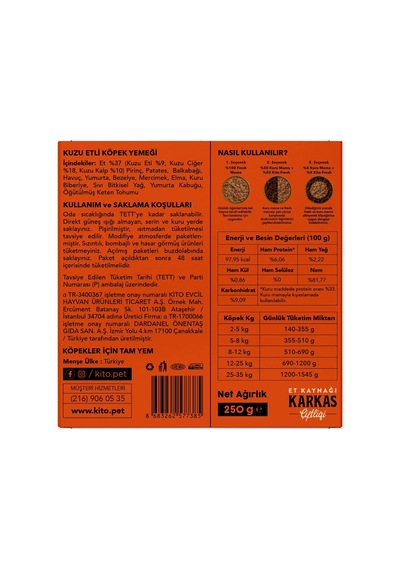 Kito Fresh Kuzu Etli Köpek Yemeği%100 Taze İçerikli Mama 250 Gr