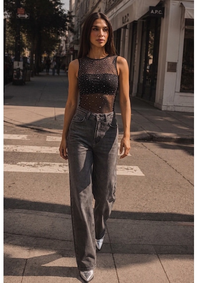 Kadın Füme 4w6-14 Wide Leg Fit Esnek Kumaş Denim Jean