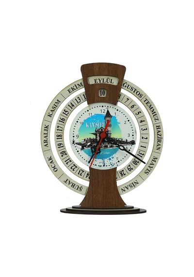 E38 El İşçiliği Kayseri Saat Kulesi Ahşap Takvimli Masa Saati 25x20 Cm- 6009