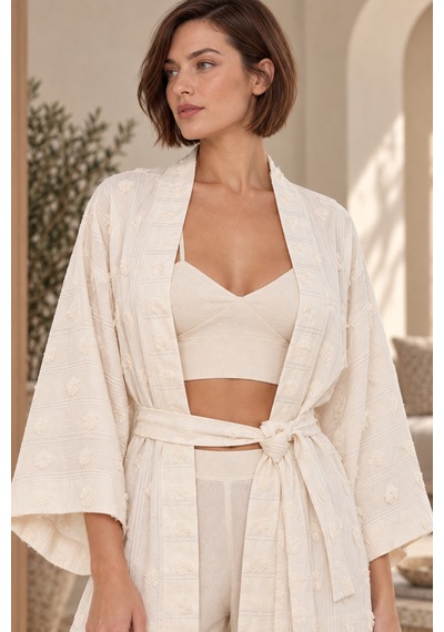 Loule Kadın Ekru Jakarlı Kimonolu Pijama Takımı Braletli 3 Parça