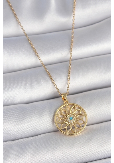 316l Çelik Gold Renk Zincr Mavi Taşlı Lotus Model Kadın Kolye - Lisinya Altın