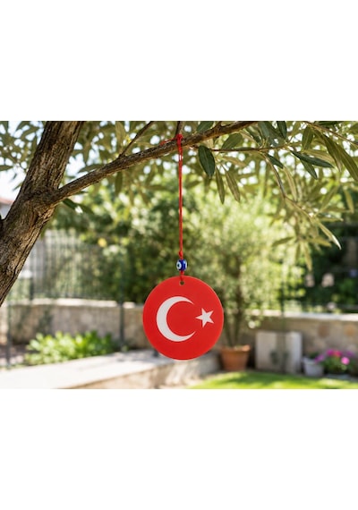Araba Dikiz Ayna Süsü Türk Bayraklı Çift Taraflı Cam Nazar Boncuklu 25 Cm