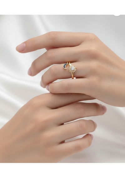 Çekirdekjewelry 925 Ayar Gümüş Ayarlanabilir Ay & Güneş Yüzük Sarı